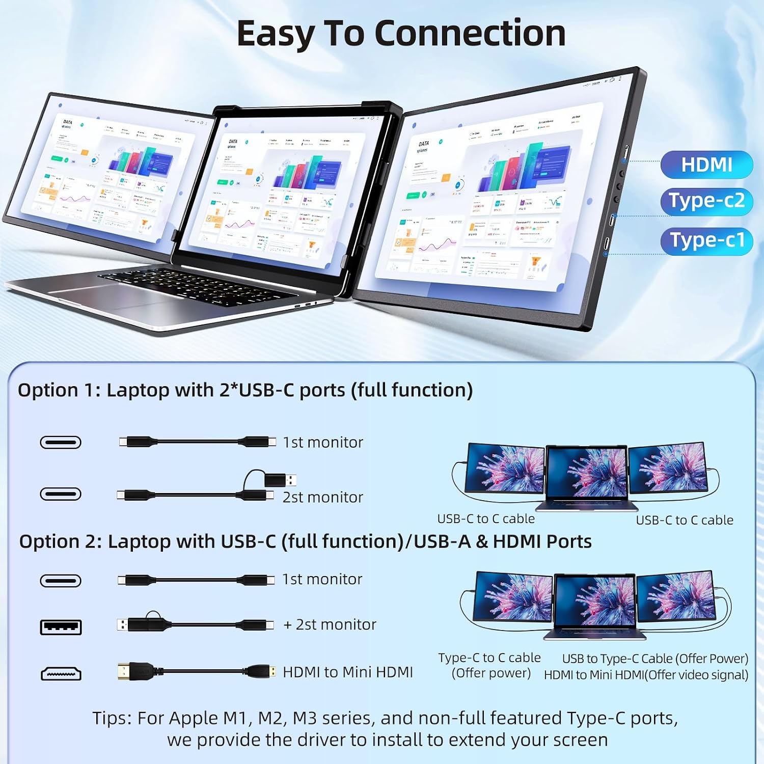 Laptop Screen Extender Monitor Portable - 2.5K Triple Laptop Screen Extender, Plug and Play Multiple Screens Extended Fits 13-17.3 Inch Laptops Compatible with, Windows, Chrome, Dex