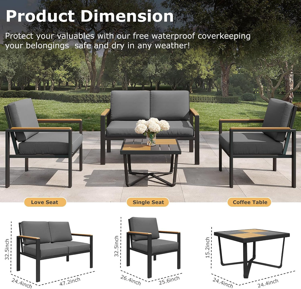 5-Piece Patio Furniture Set with 28' Propane Fire Pit Table, Heavy-Duty Metal Outdoor Conversation Set with Deep Cushions & Wood-Like Armrests for Patio, Porch, Backyard, Garden – Black