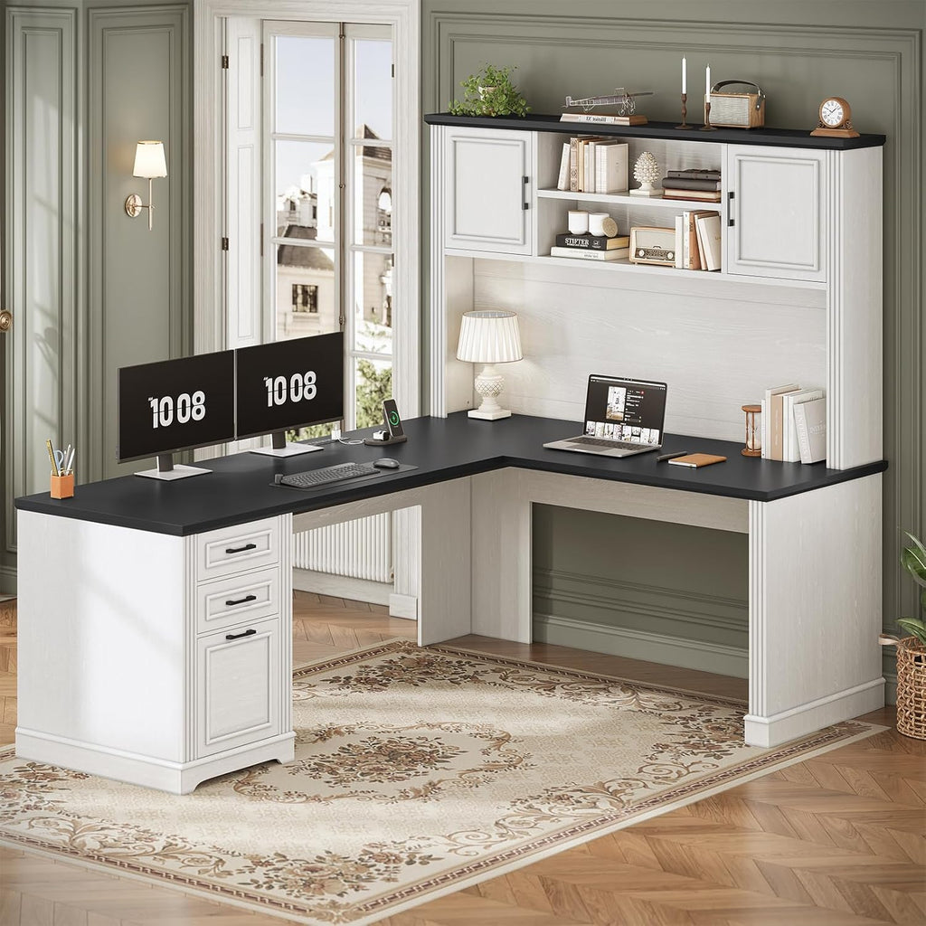 SEDETA Farmhouse L Shaped Desk with Hutch and 3 Drawers, 68.9' Executive Office Desk with File Drawer and Power Outlet, Corner Computer Desk with Storage Shelves for Home Office, White