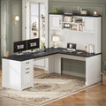SEDETA Farmhouse L Shaped Desk with Hutch and 3 Drawers, 68.9' Executive Office Desk with File Drawer and Power Outlet, Corner Computer Desk with Storage Shelves for Home Office, White