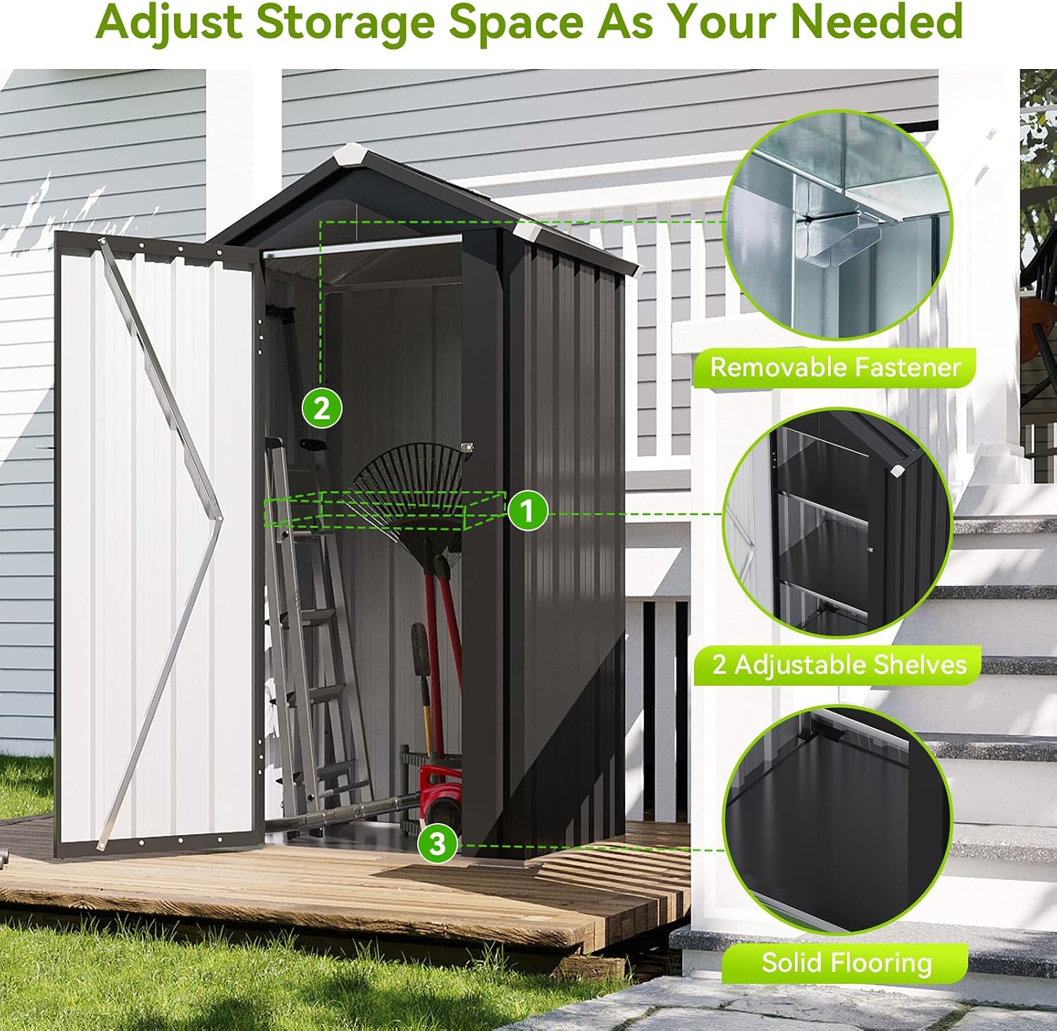 Aoxun Vertical Metal Tool Cabinet 2.5x2FT, 21 Cu.Ft Weatherproof Outdoor Storage Shed with Floor & Adjustable Shelves, Space-Saving Design for Garden, Garage, Patio