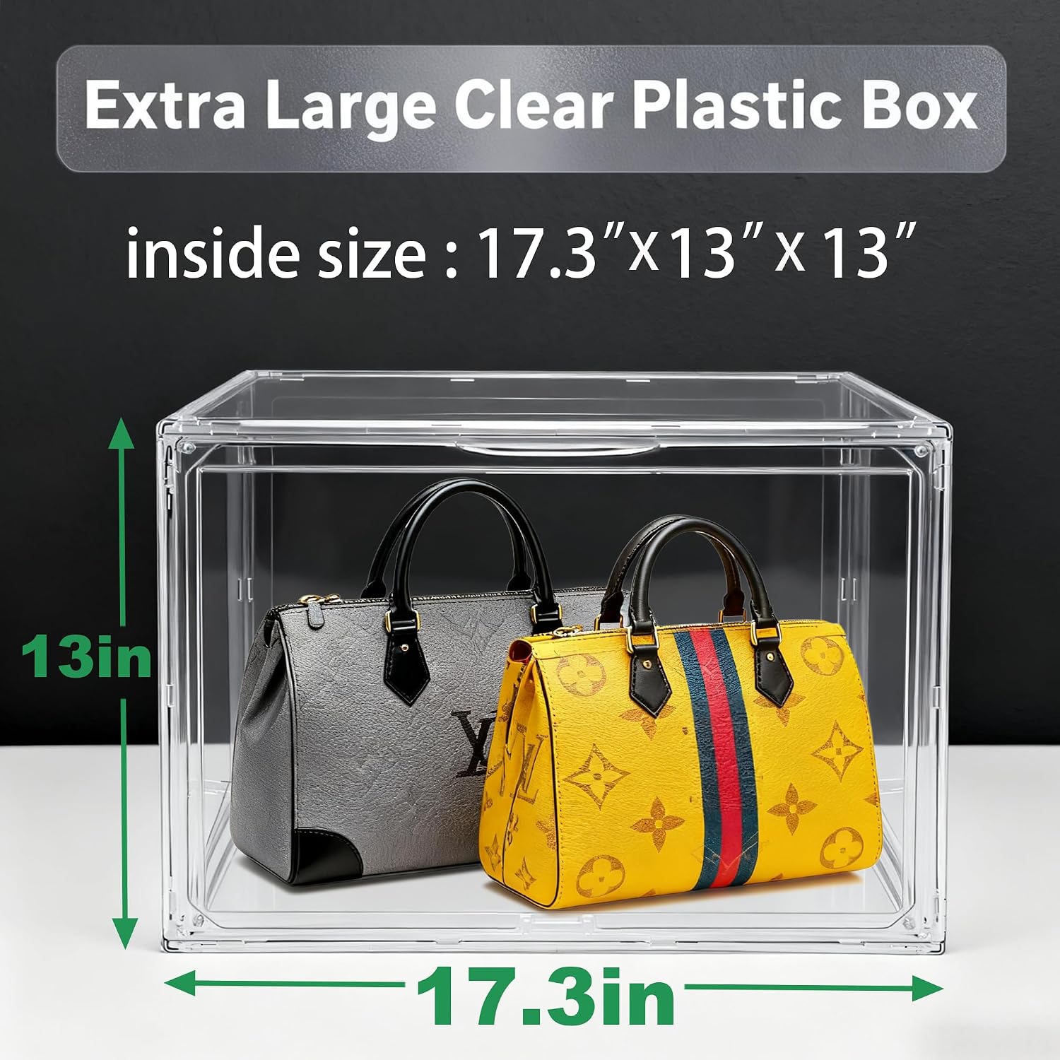 5 Pack XXX-Large Acrylic Purse Organizer for Closet, 17.3''x13''x13 Clear Display Case Bag Handbag Storage Box with Magnetic Lid, Plastic Storage Bins for Helmet, Tall Boots, Large Figure Collectibles