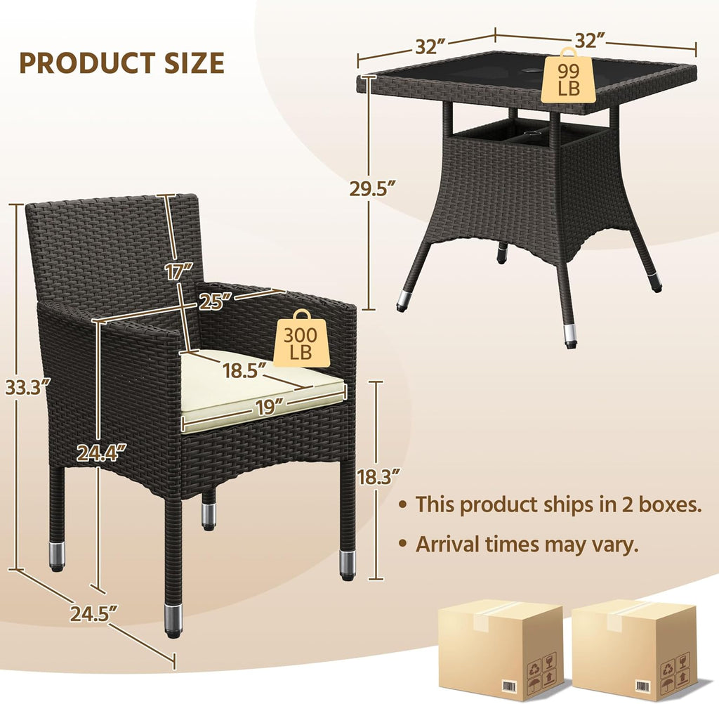 Yaheetech 5-Piece Patio Furniture Set, Outdoor Rattan 4 Dining Chairs & Tempered Glass Table with Umbrella Hole, for Garden Backyard Deck Balcony, Brown/Beige
