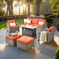 6 PCS Outdoor Patio Furniture 42in Set with Fire Pit Table, All-Weather Rattan Wicker Conversation Group with Deep Seating, Armchairs & Ottoman, High Back Comfort for Porch, Backyard, Orange