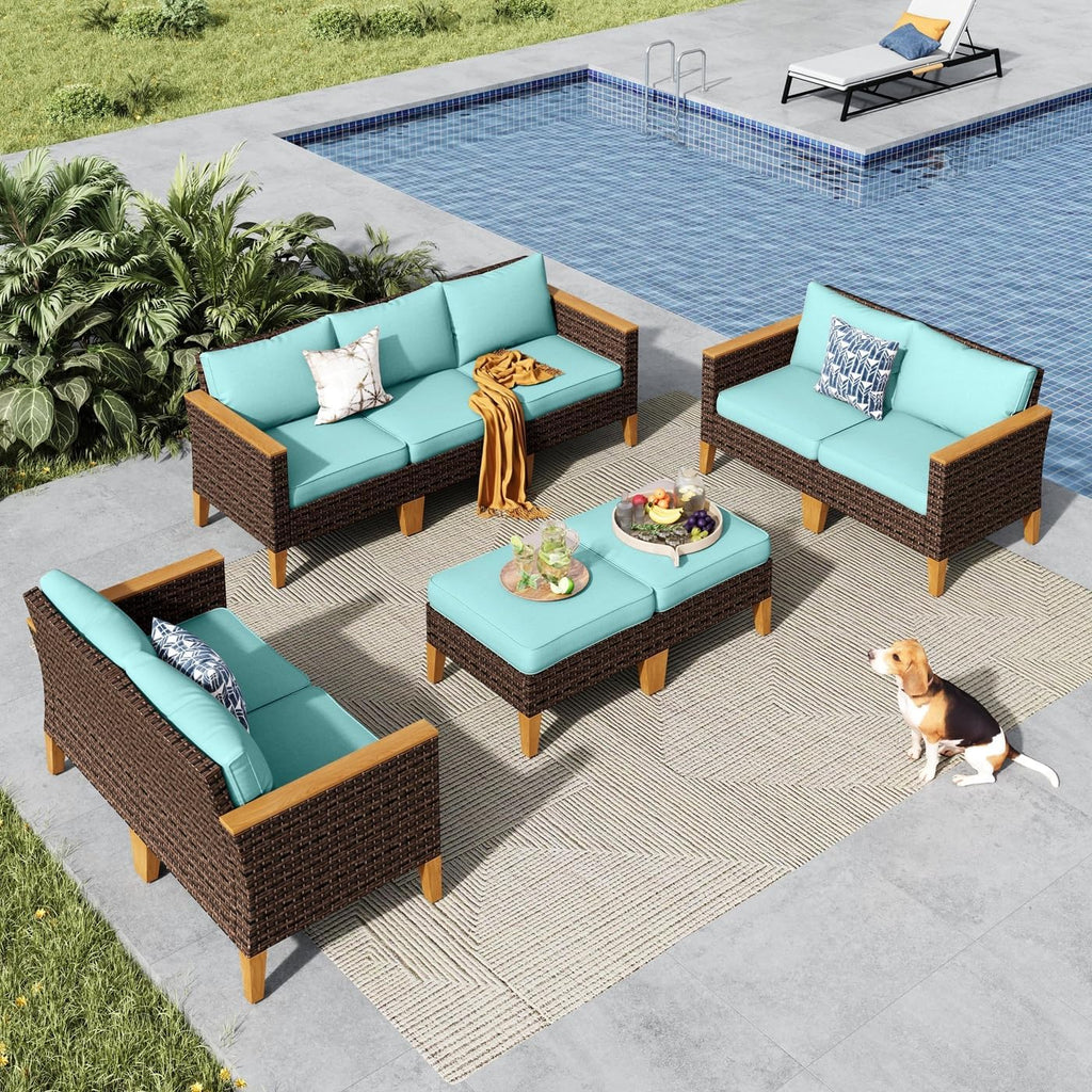 MFSTUDIO 9 Piece Extra Large Wicker Patio Furniture Set, 2 x Loveseat Sofa, 2 x Ottoman, 3-Seat Sofa, All-Weather Outdoor PE Rattan Patio Conversation Set for Garden, Backyard(Aqua Blue Cushions)