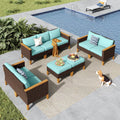 MFSTUDIO 9 Piece Extra Large Wicker Patio Furniture Set, 2 x Loveseat Sofa, 2 x Ottoman, 3-Seat Sofa, All-Weather Outdoor PE Rattan Patio Conversation Set for Garden, Backyard(Aqua Blue Cushions)