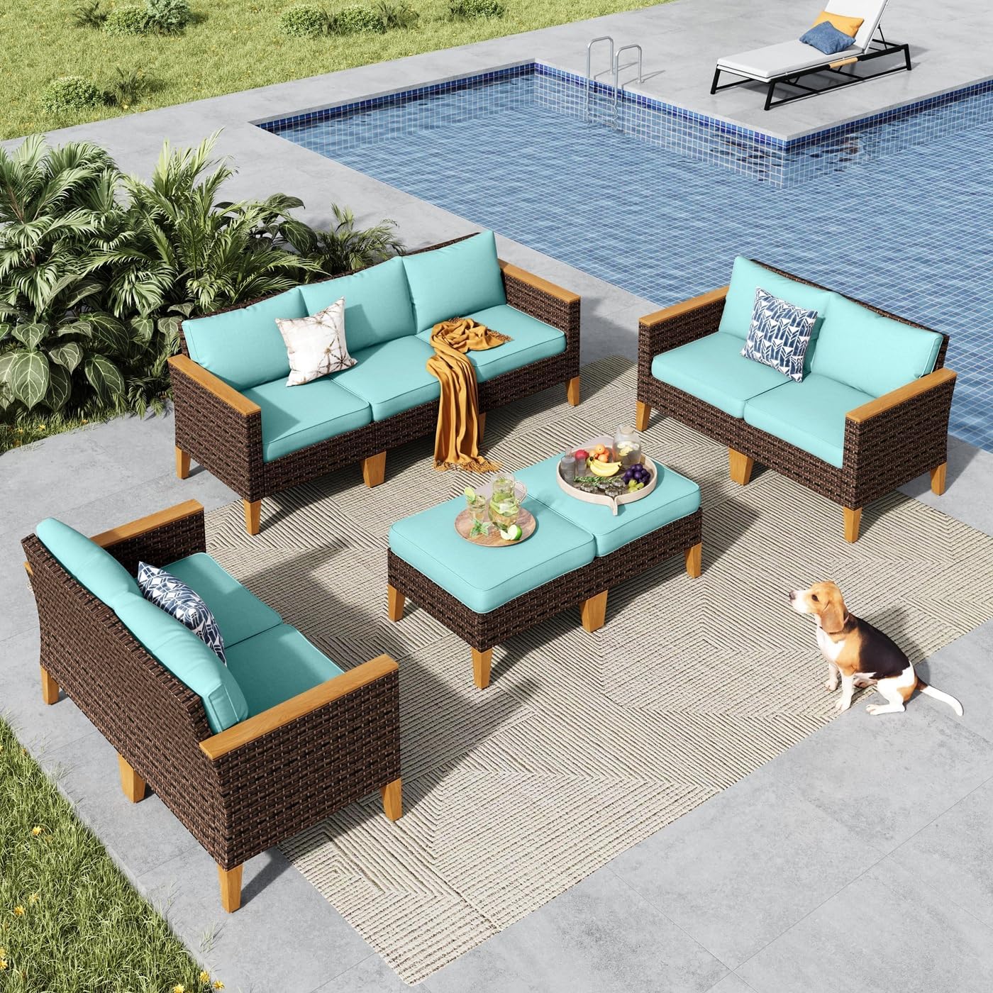 MFSTUDIO 9 Piece Extra Large Wicker Patio Furniture Set, 2 x Loveseat Sofa, 2 x Ottoman, 3-Seat Sofa, All-Weather Outdoor PE Rattan Patio Conversation Set for Garden, Backyard(Aqua Blue Cushions)