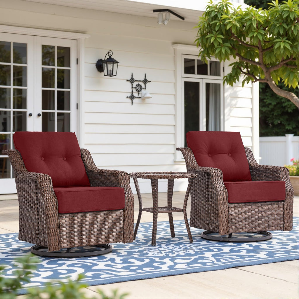Belord 6' Thick Cushion Outdoor Swivel Rocker Patio Chairs Set of 2,3 Piece Wicker Patio Bistro Set with Side Table and Comfort High Back Outdoor Patio Glider Chair Brown Wicker/Red Cushion