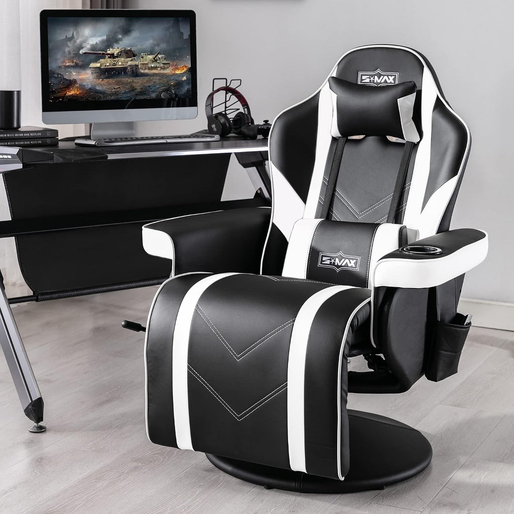 S*MAX Gaming Recliner Chair for Adults Racing Style Ergonomic High Back Swivel PU Leather Gaming Chair with Adjustable Backrest and Footrest Cup Holder Side Pouch White Black