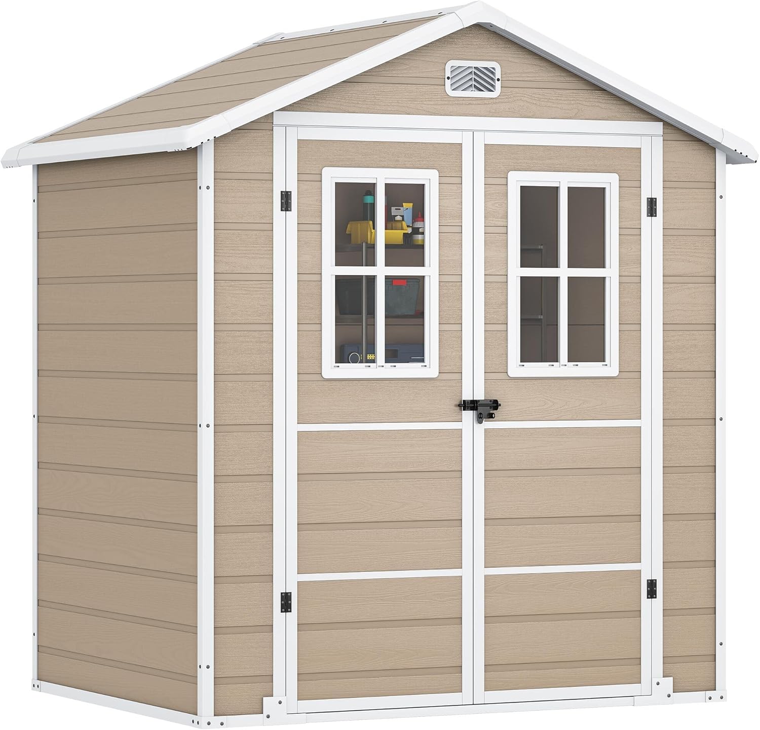 DWVO 6x4.4 FT Outdoor Storage Shed, Plastic Garden Tool Shed with 2 Windows, Double-Wall Outside Shed for Lawn Mower, Garden Tool for Backyard, Patio, Lockable, Beige