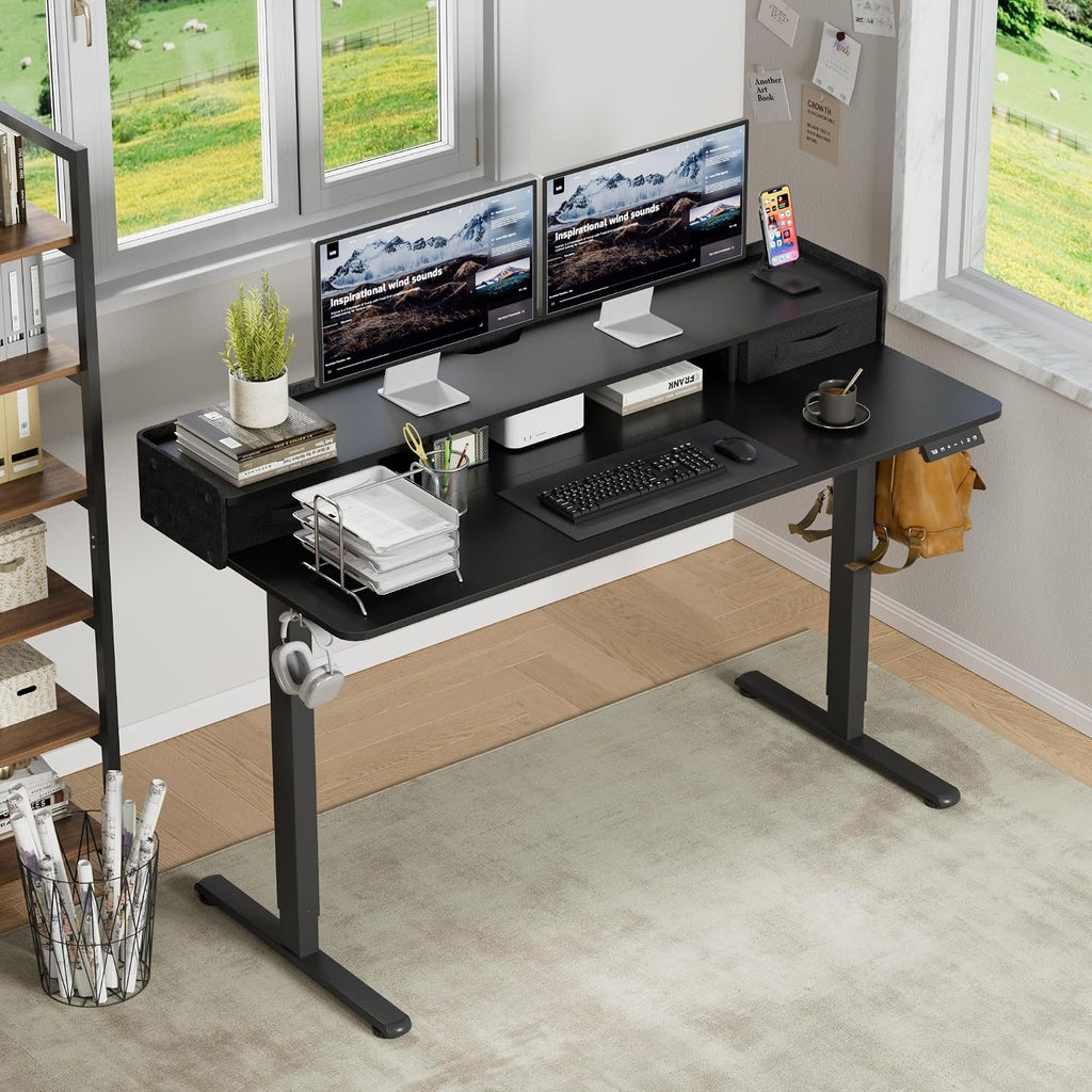 Furmax Electric Standing Desk with Drawers, Stand Up Desk with Storage Shelf Height Adjustable Computer Desk with Organizer for Home Office Ergonomic (Black, 55 Inch)