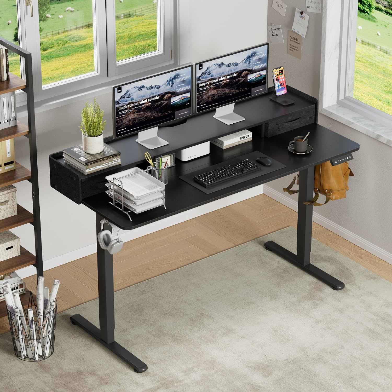 Furmax Electric Standing Desk with Drawers, Stand Up Desk with Storage Shelf Height Adjustable Computer Desk with Organizer for Home Office Ergonomic (Black, 55 Inch)