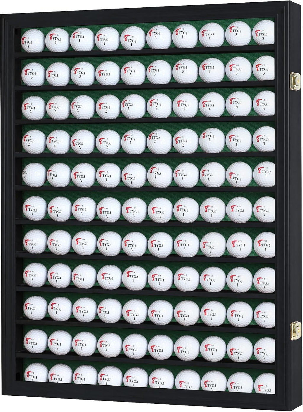 DisplayGifts 110 Golf Ball Display Case for Wall Mount – UV Protection with Gold Lock, Holds 110 Golf Balls, Exterior Size: 24.9'x19.5'x2.8', Black Finish Frame with Green Felt Interior