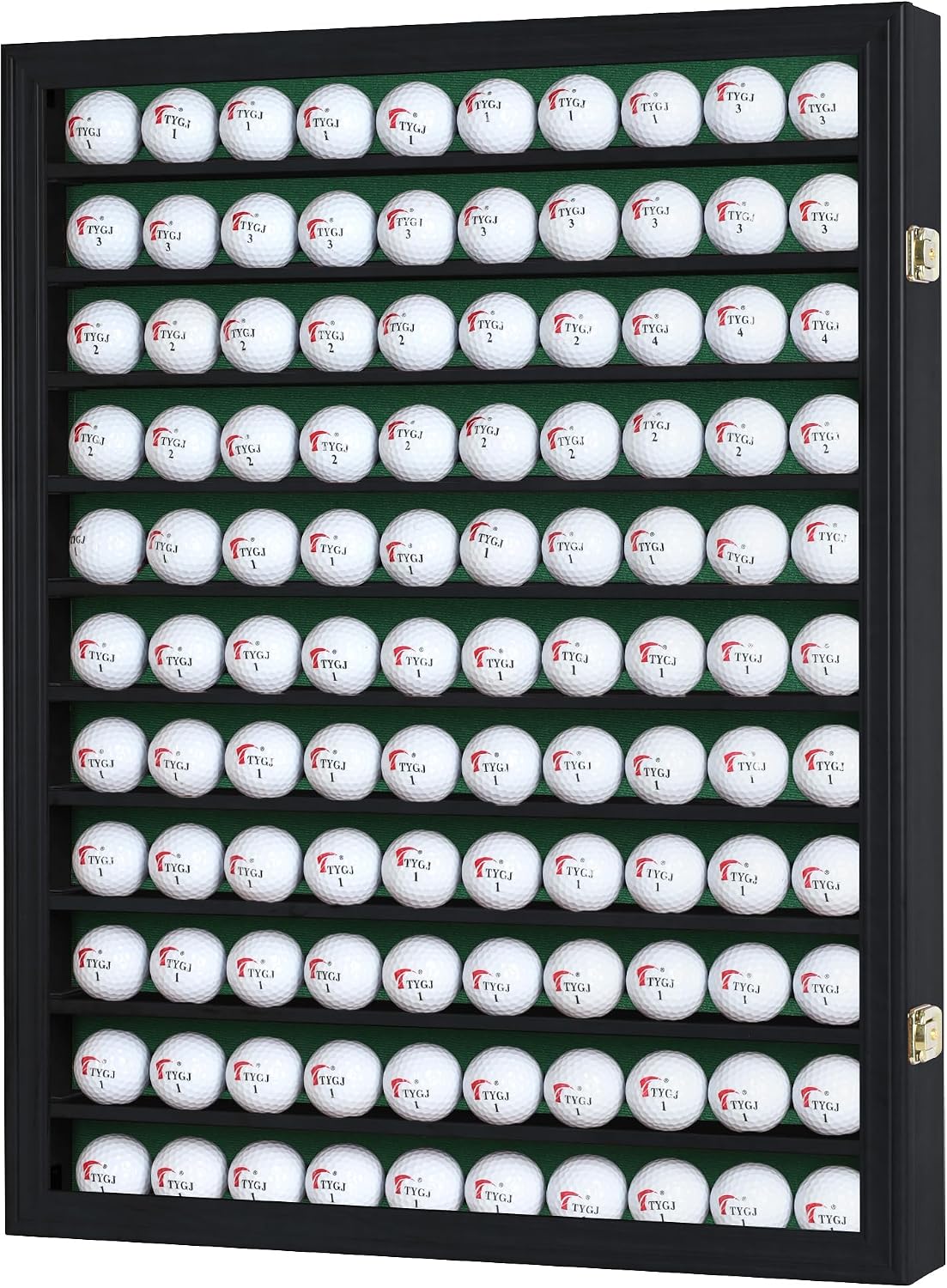 DisplayGifts 110 Golf Ball Display Case for Wall Mount – UV Protection with Gold Lock, Holds 110 Golf Balls, Exterior Size: 24.9'x19.5'x2.8', Black Finish Frame with Green Felt Interior