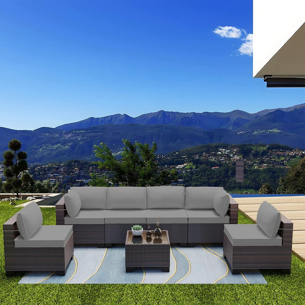 Kullavik 7 Pieces Outdoor Patio Furniture Set,Sectional Rattan Sofa Set Brown PE Rattan Wicker Patio Conversation Set with Tempered Glass Coffee Table and Washable Cushions Covers,Grey
