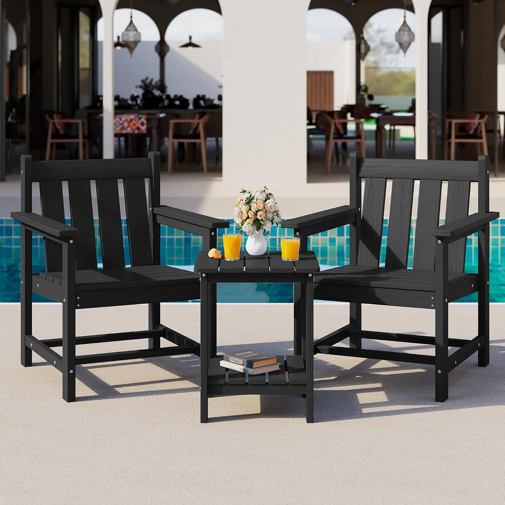SEWRWALL Patio Furniture Set, HDPE Material All Weather Use Adirondack Chair Set with Side Table for Balcony, Porch, Garden, Backyard- Black