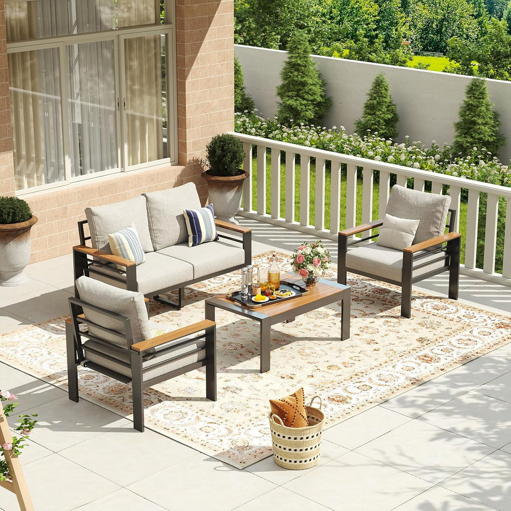 Aoxun Aluminum Patio Furniture Set 4 Seats, Oversized Outdoor Sectional with Washable Thick Cushions, Coffee Table and Waterproof Cover, Patio Conversation Sets for Porch, Balcony, Deck