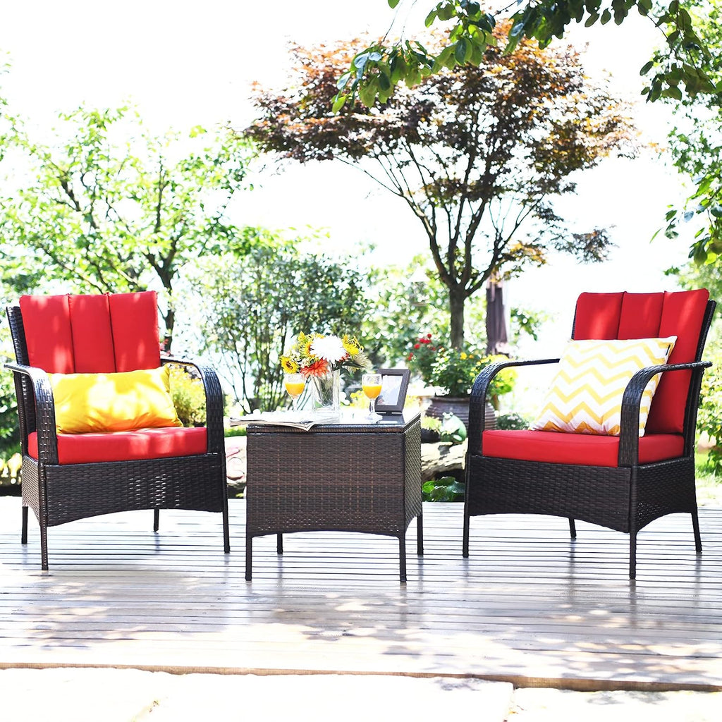 Tangkula 3 Piece Patio Furniture Set, 2 Wicker Chairs with Glass Top Coffee Table, Outdoor Garden Porch Poolside Furniture Set for 2, Rattan Conversation Set