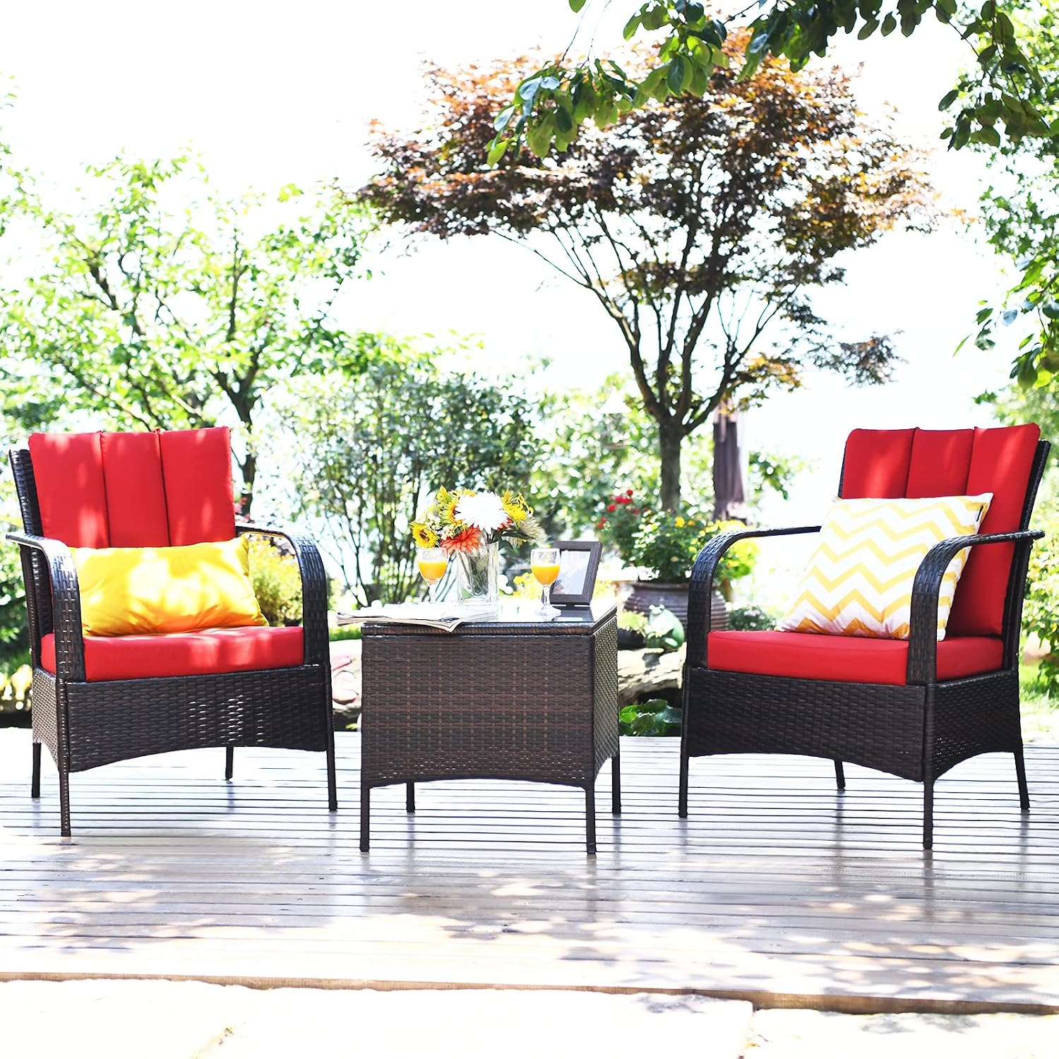 Tangkula 3 Piece Patio Furniture Set, 2 Wicker Chairs with Glass Top Coffee Table, Outdoor Garden Porch Poolside Furniture Set for 2, Rattan Conversation Set