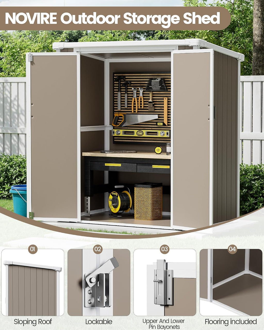 5x3 ft Outdoor Storage Shed with Floor, All-Weather Resin Tool Shed with 2 Shelves, Heavy-Duty Garden Shed for Yard, Bicycle, and Lawn Equipment, Easy Assembly, Warm Gray