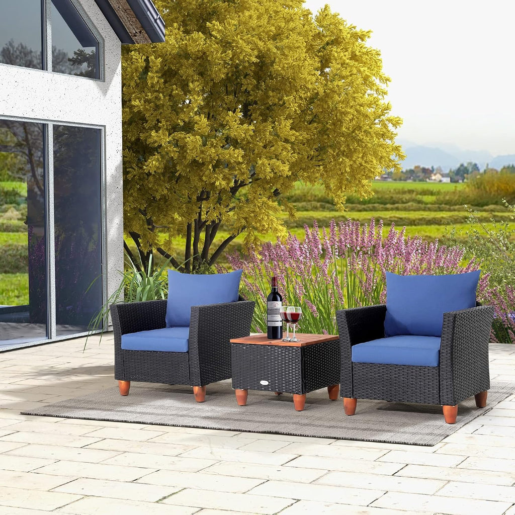 COSTWAY 3 Pieces Patio Rattan Furniture Set, Outdoor Wicker Conversation Chairs Set with Acacia Wood Coffee Table & Washable Cushion, Porch Furniture Bistro Set for Balcony, Garden, Backyard, Navy
