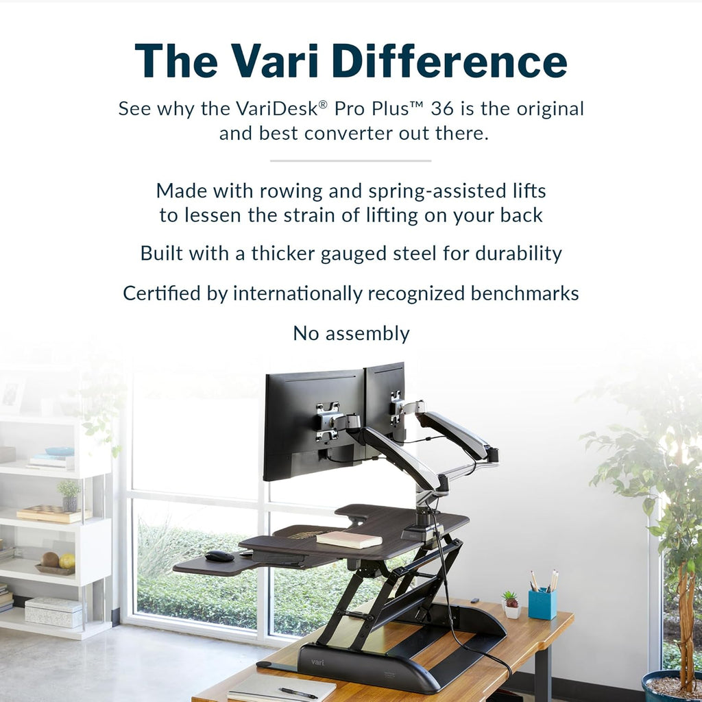 Vari Varidesk Pro Plus 36 Standing Desk Converter for Home Office – 11 Height Settings + Spring-Loader Lift, 2 Tier Design with Keyboard Tray, Fits Tables 26.5' Deep – Fully Assembled (Espresso)