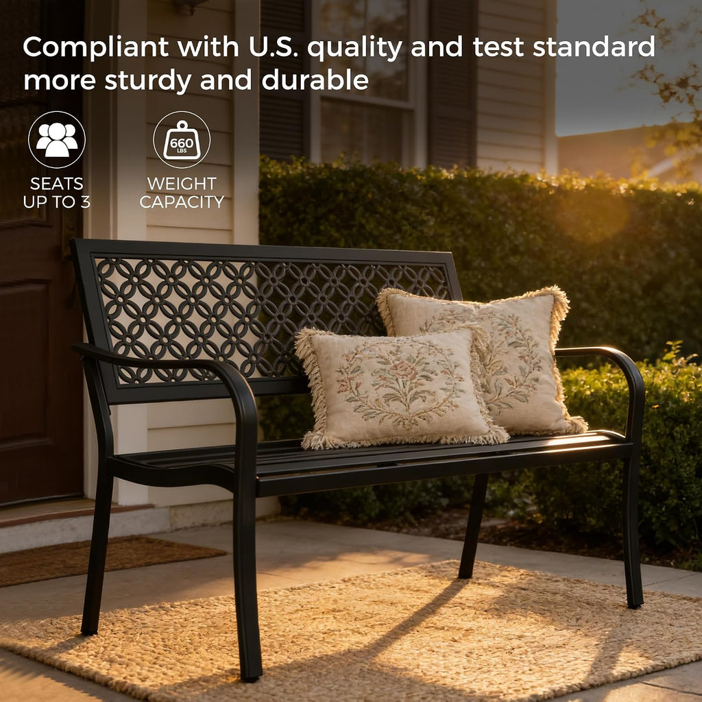 Grand patio 50' Outdoor Bench, Garden Benches with Anti-Rust Metal Powder Coated Frame, Patio Bench for Front Porch Park Outside Furniture Decor, Black