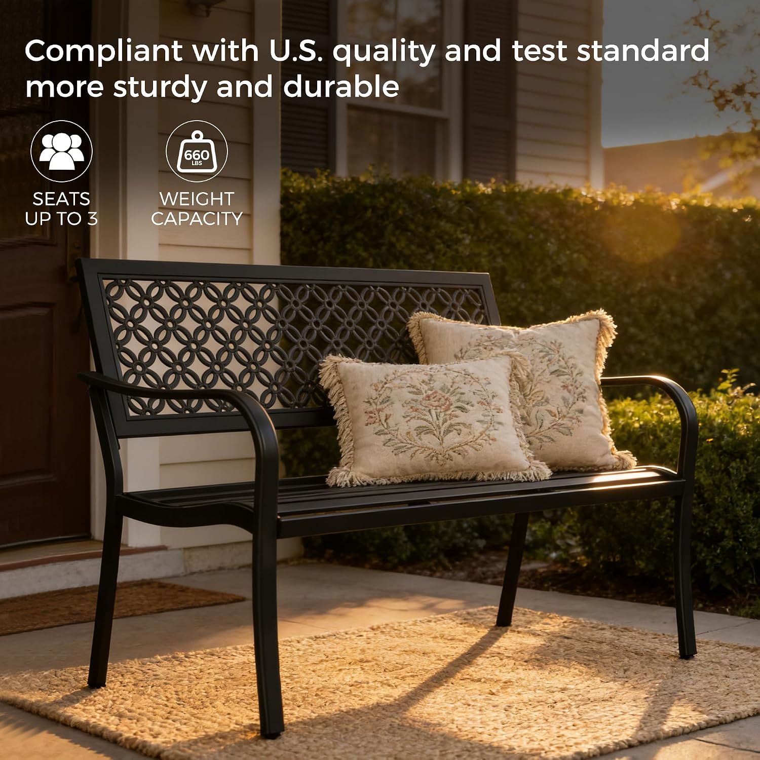 Grand patio 50' Outdoor Bench, Garden Benches with Anti-Rust Metal Powder Coated Frame, Patio Bench for Front Porch Park Outside Furniture Decor, Black