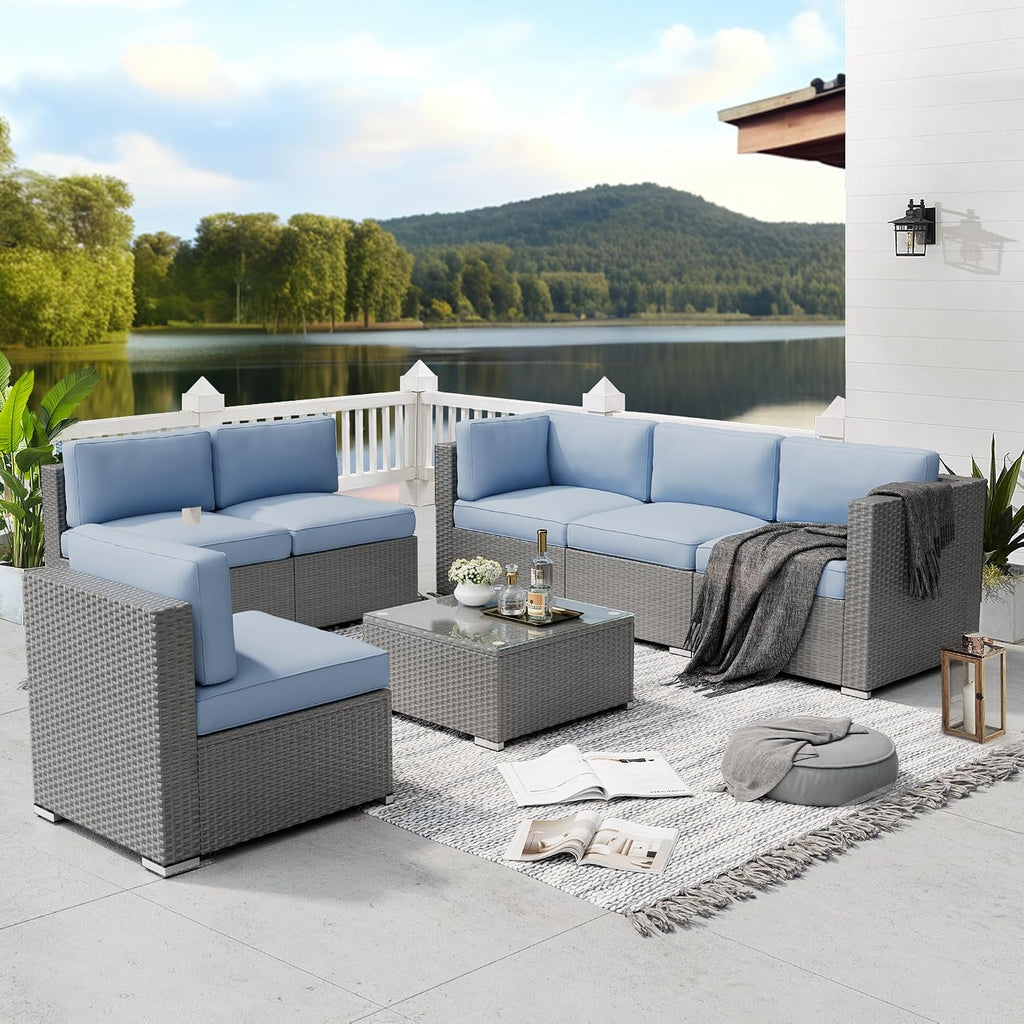 SUNCROWN Outdoor Patio Furniture Set 7 Piece Outdoor Sectional Sofa Grey Wicker Conversation Sofa Set with Coffee Table and Cushions (Light Blue)