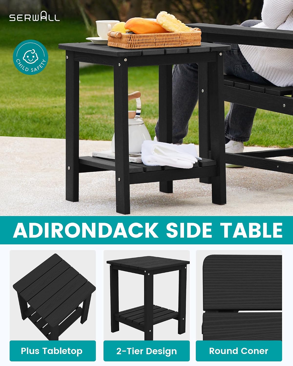SEWRWALL Patio Furniture Set, HDPE Material All Weather Use Adirondack Chair Set with Side Table for Balcony, Porch, Garden, Backyard- Black