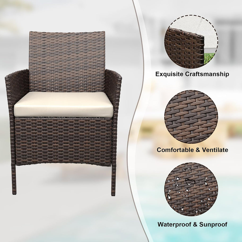 3 Piece Patio Furniture Set, Outdoor Patio Wicker Sofa Set with Upholstery and Glass Storage Coffee Table, All Weather Conversation Rattan Set for Garden, Porch, Lawn, Pool, Brown