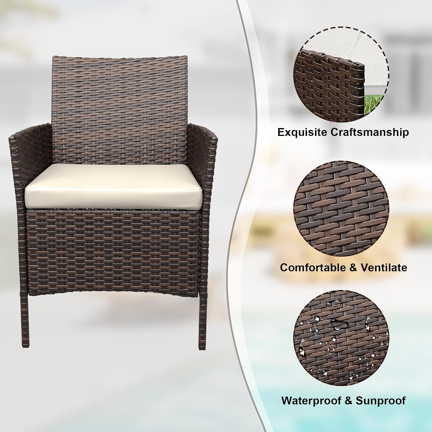 3 Piece Patio Furniture Set, Outdoor Patio Wicker Sofa Set with Upholstery and Glass Storage Coffee Table, All Weather Conversation Rattan Set for Garden, Porch, Lawn, Pool, Brown