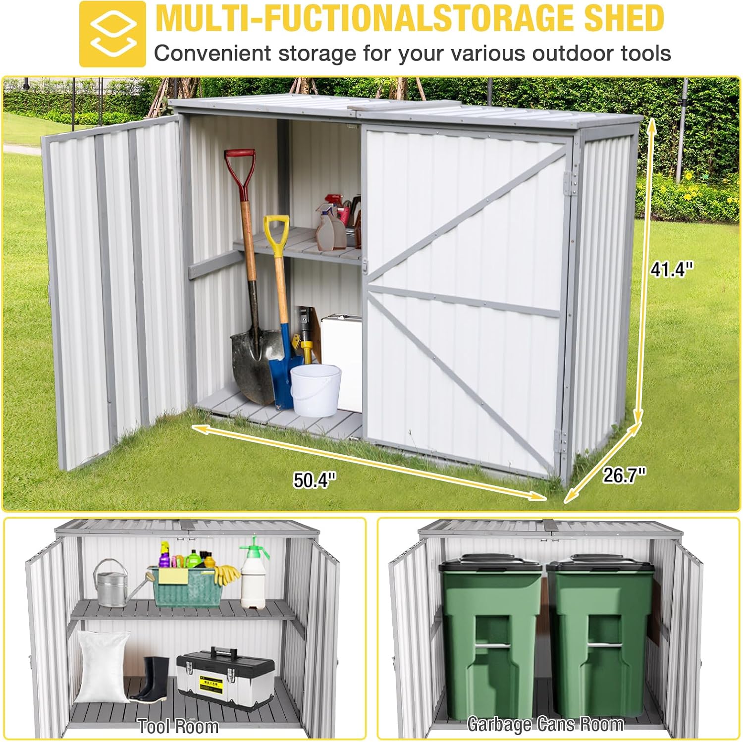 Aivituvin Outdoor Storage Cabinet Trash Can Storage Shed Upgraded with Metal Frame for Garbage Can, Gardening Tools and Accessories