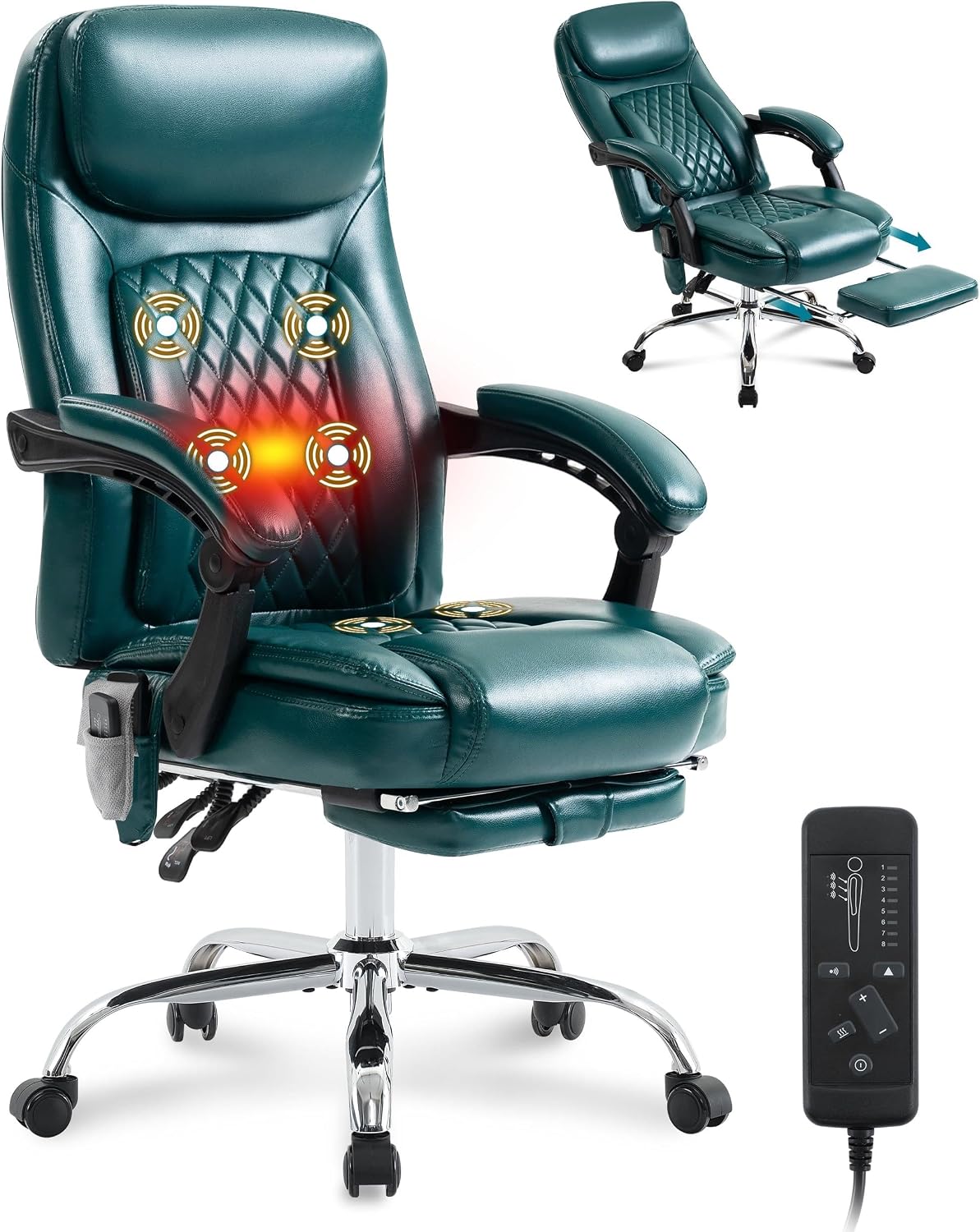 6-Point Massage Office Chair with Heated, Ergonomic Office Chair with Footrest & 45°Reclining High Back, Big and Tall Executive Office Chair 500LBS, Thick Cushion Desk Chair for Home Office, Green(PU)