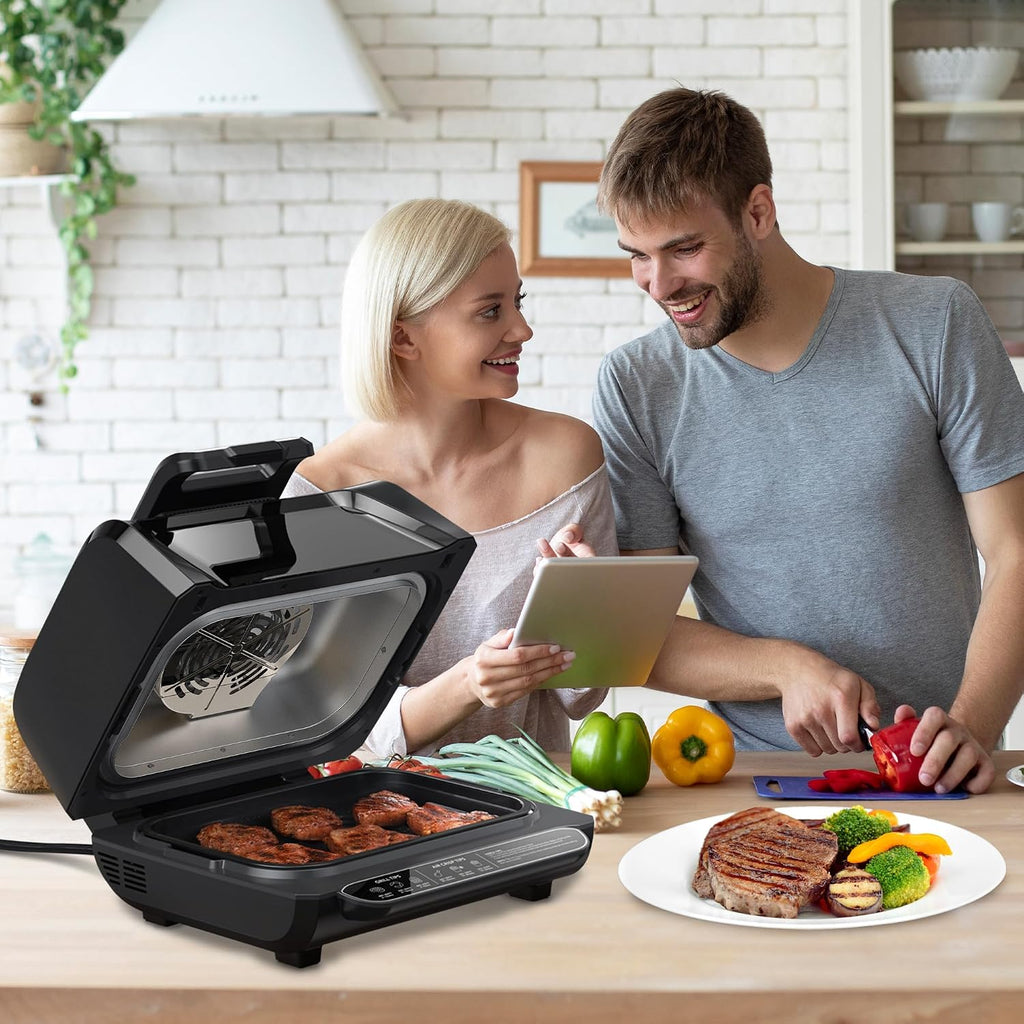 1750W 7-In-1 Air Fryer & Smokeless Grill Combo - Indoor Electric Grill with Bake/Roast/Broil/Dehydrate - 4QT Capacity, Smart Thermometer & Viewing Window, Black