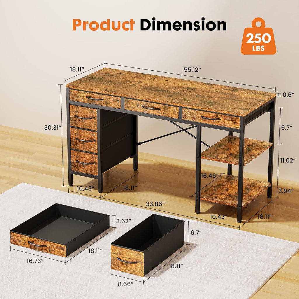 Sweetcrispy 55' Computer Desk with 6 Drawers, Home Office Gaming Desks with Storage Shelves for Bedroom, Writing Study Corner Living Room Work Table Rustic Brown