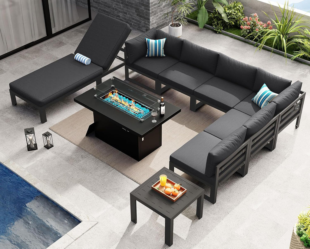 NICESOUL 9 Piece Luxury Aluminum Outdoor Sectional Sofa with Chaise Lounge & Firepit, Large Modular Patio Furniture Set, 29' Deep Wide Seating, 500 lbs Heavy Duty Conversation Set for Deck, Dark Gray