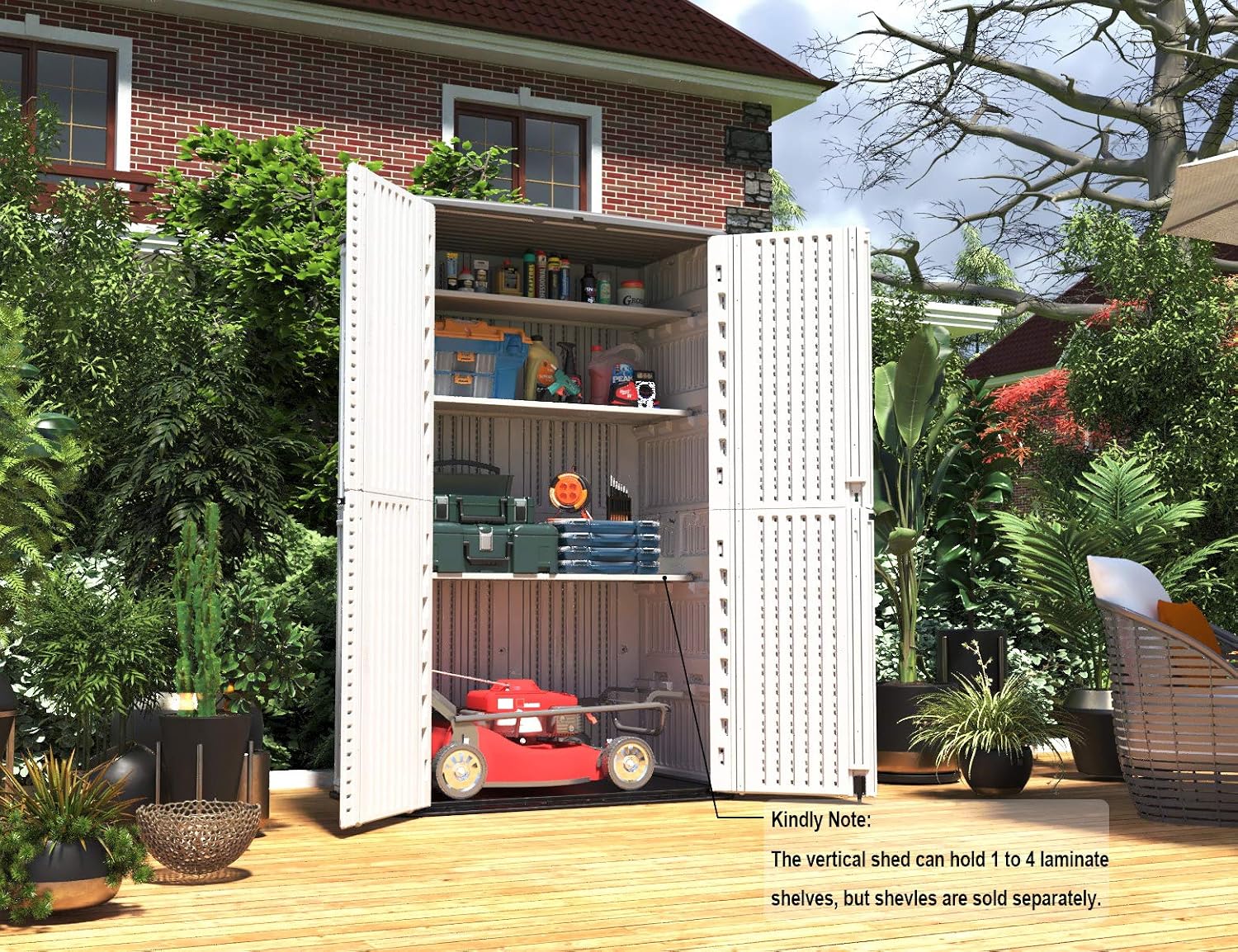 HOMSPARK Storage Shed Weather Resistance, Multi-Purpose Outdoor Storage Cabinet for Backyards and Patios, Horizontal Storage Shed for Lawnmower, Patio Accessories (White, Tall - 53 cu.ft)