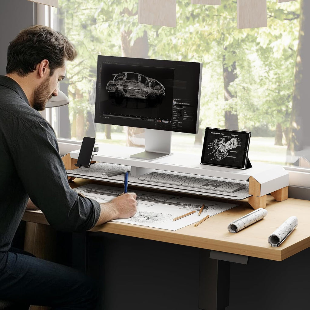 Fenge Monitor Stand for Desk, 39 Inch Dual Monitor Riser for 2 Monitors, Solid Wood Desk Shelf with Cable Management, 2 Tier Computer Stand with Phone Stand for PC, Laptop, Printer, TV