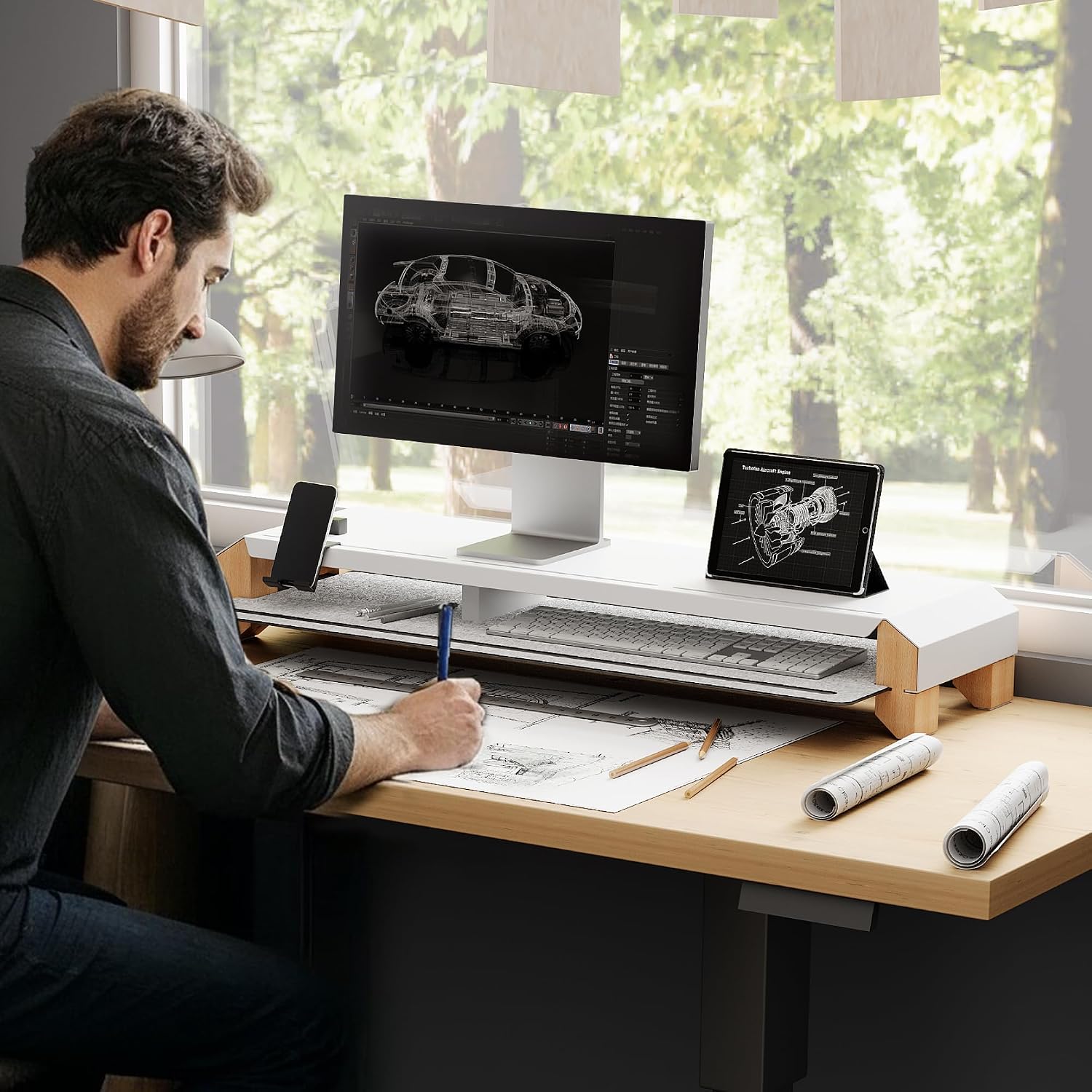 Fenge Monitor Stand for Desk, 39 Inch Dual Monitor Riser for 2 Monitors, Solid Wood Desk Shelf with Cable Management, 2 Tier Computer Stand with Phone Stand for PC, Laptop, Printer, TV