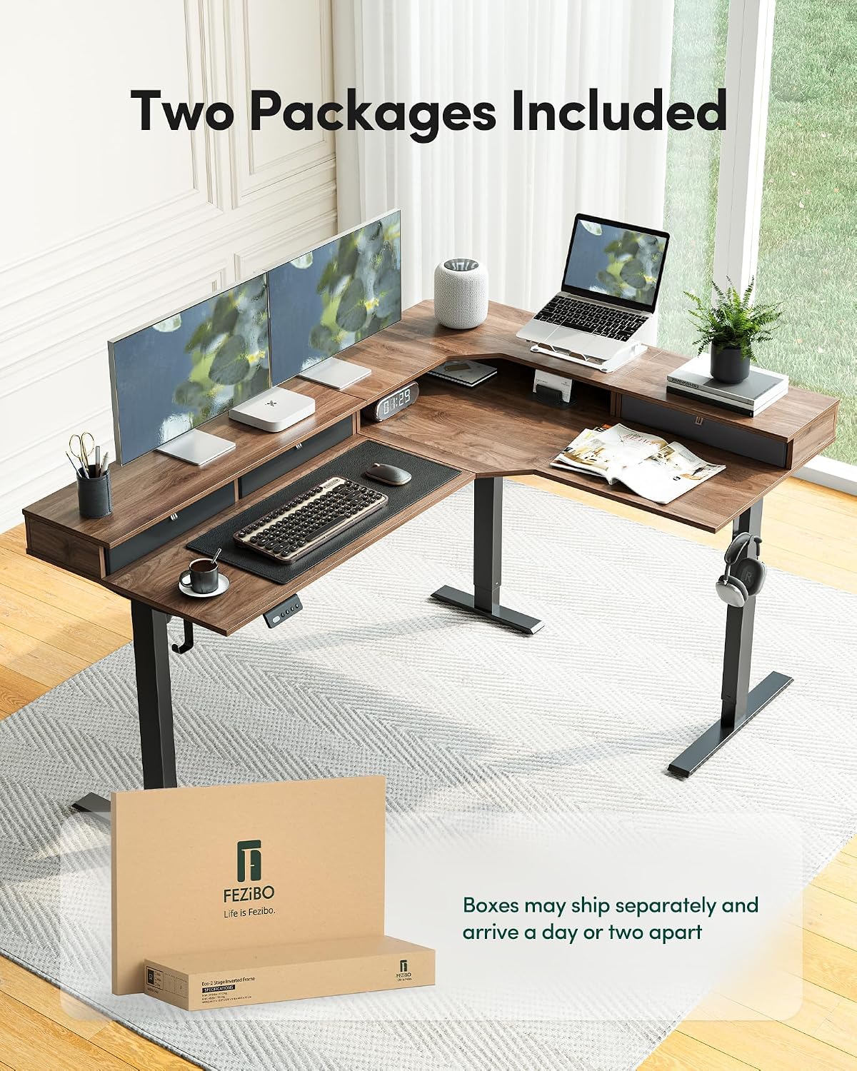 FEZIBO L Shaped Electric Standing Desk, 63x48 inch Large with Drawers | Reversible Tabletop, 2 Memory Height Settings | Home Office & Gaming Height-Adjustable Table, Black Walnut（2 Packages）