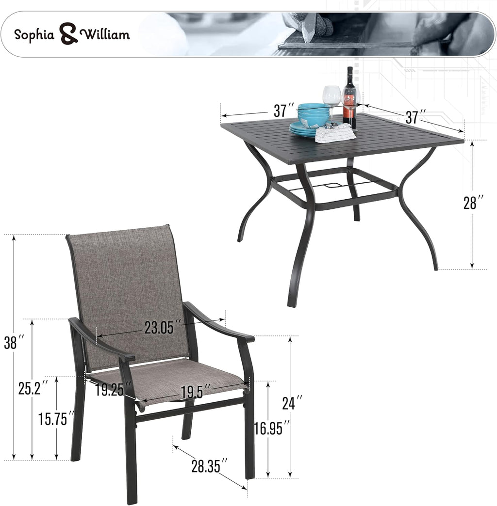 Sophia & William 5-Piece Outdoor Dining Set, 4 Comfortable Textilene Chairs and 37' Powder-Coated Outdoor Square Table, Durable All-Weather Patio Furniture for Lawn, Park, and Courtyard
