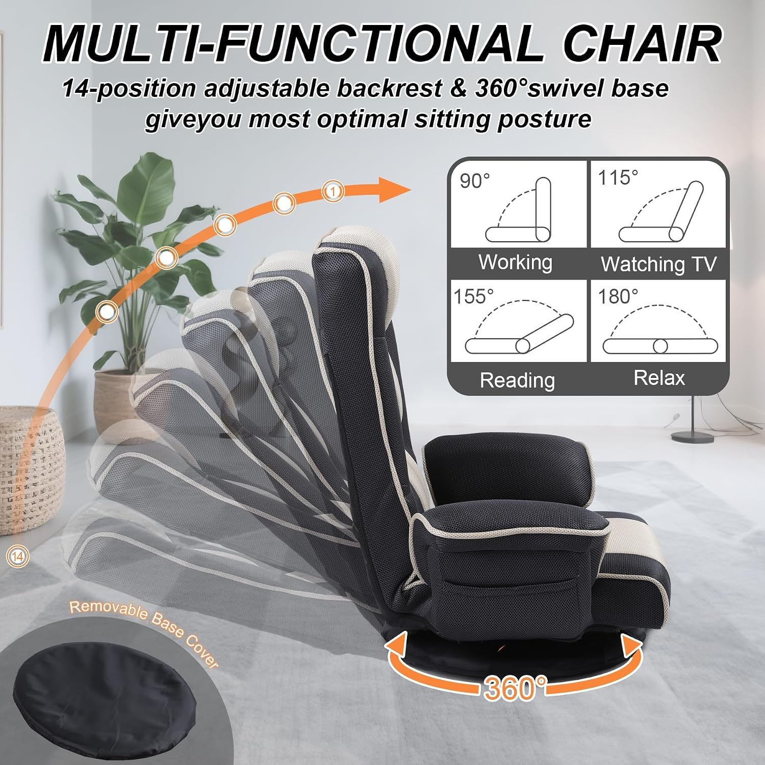 Swivel Floor Chairs for Adults, Floor Gaming Chair with Extra Wide Arms, Back Support 14 Angles Adjustable Comfortable Double Mesh Fabric Lazy Sofa for Video Game Chairs 201 (Black+Beige)