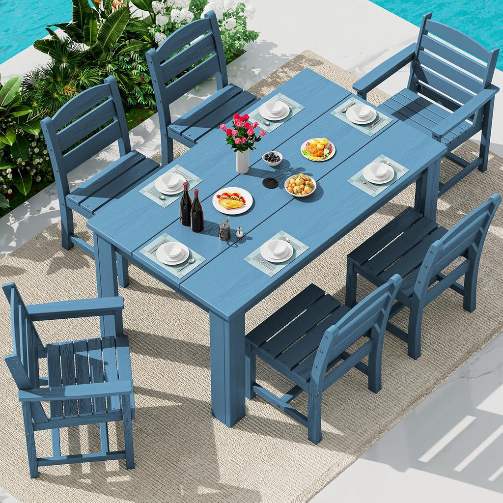 SERWALL Outdoor Dining Sets for 6, HDPE Dining Sets with 1 Umbrella Hole Cut-Out Rectangular Table and 4 Armless Chairs and 2 Armchairs, Patio Dining Sets, Blue
