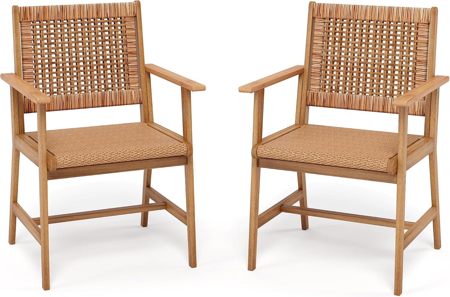 PHI VILLA Outdoor Acacia Wood Dining Chairs Set of 2, Armchairs with Strong Wicker Back & Seat, Farmhouse Style Teak Patio Deck Yard Balcony Garden Furniture