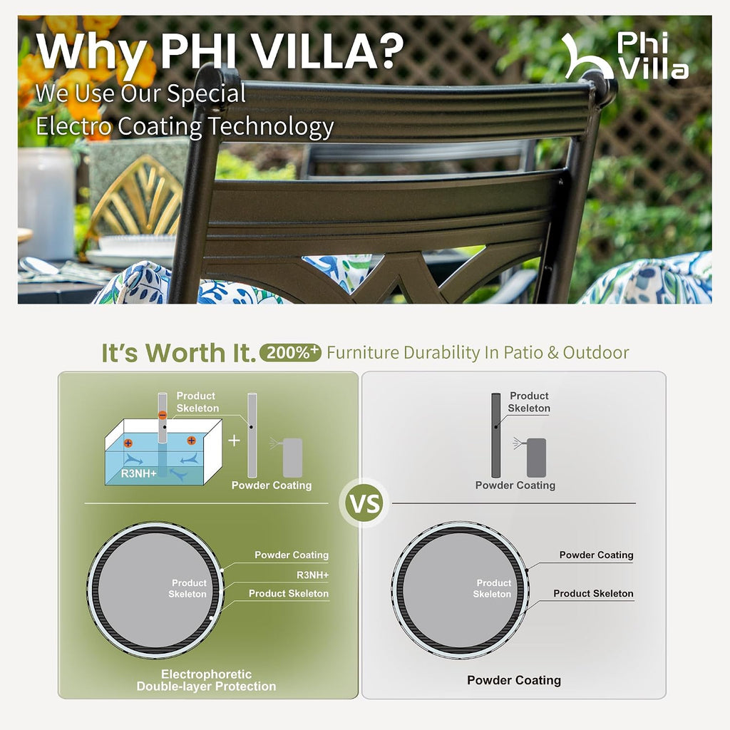 PHI VILLA 5 Pieces Outdoor Dining Set for 4, 37' Square Wood-top Metal Table & Wrought Iron Swivel Chairs, All Weather Large Outside Furniture with Cushions & Pillows for Patio, Deck, Porch
