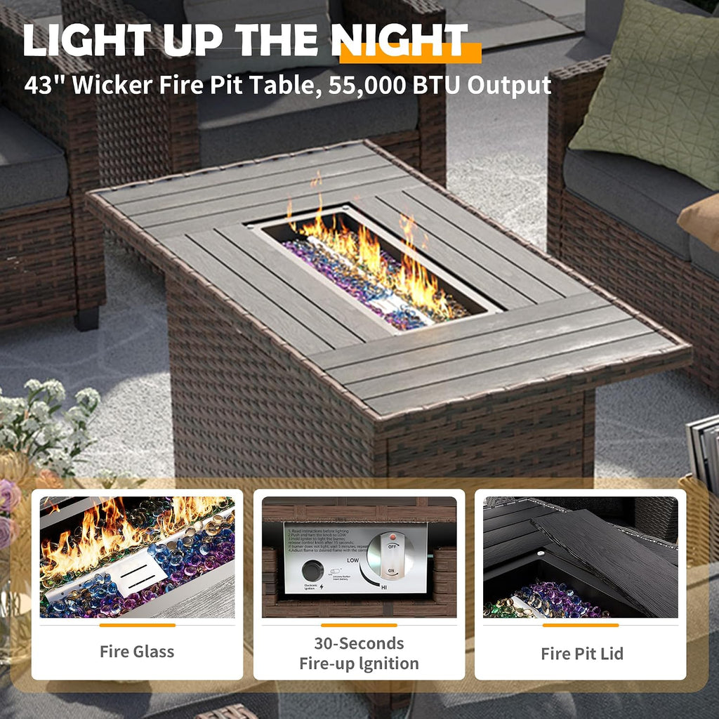UDPATIO Patio Furniture Set with 44' Fire Pit Table, 8 Pieces Outdoor Sectional Conversation Sets, All-Weather Wicker Rattan Sofa Ottoman with 4' Thick Cushion for Garden Backyard Deck, Dark Grey