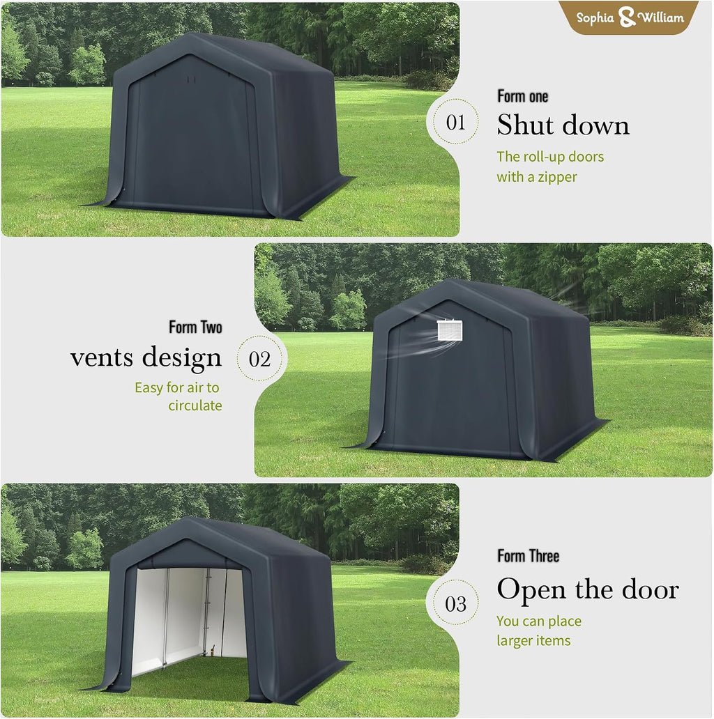 Sophia & William Outdoor Storage Shed,Carport 8x12 ft Heavy Duty, Portable Garden Yard Car Port Shelter Storage Tent Garage with Roll Up Doors and Ventilation, Grey