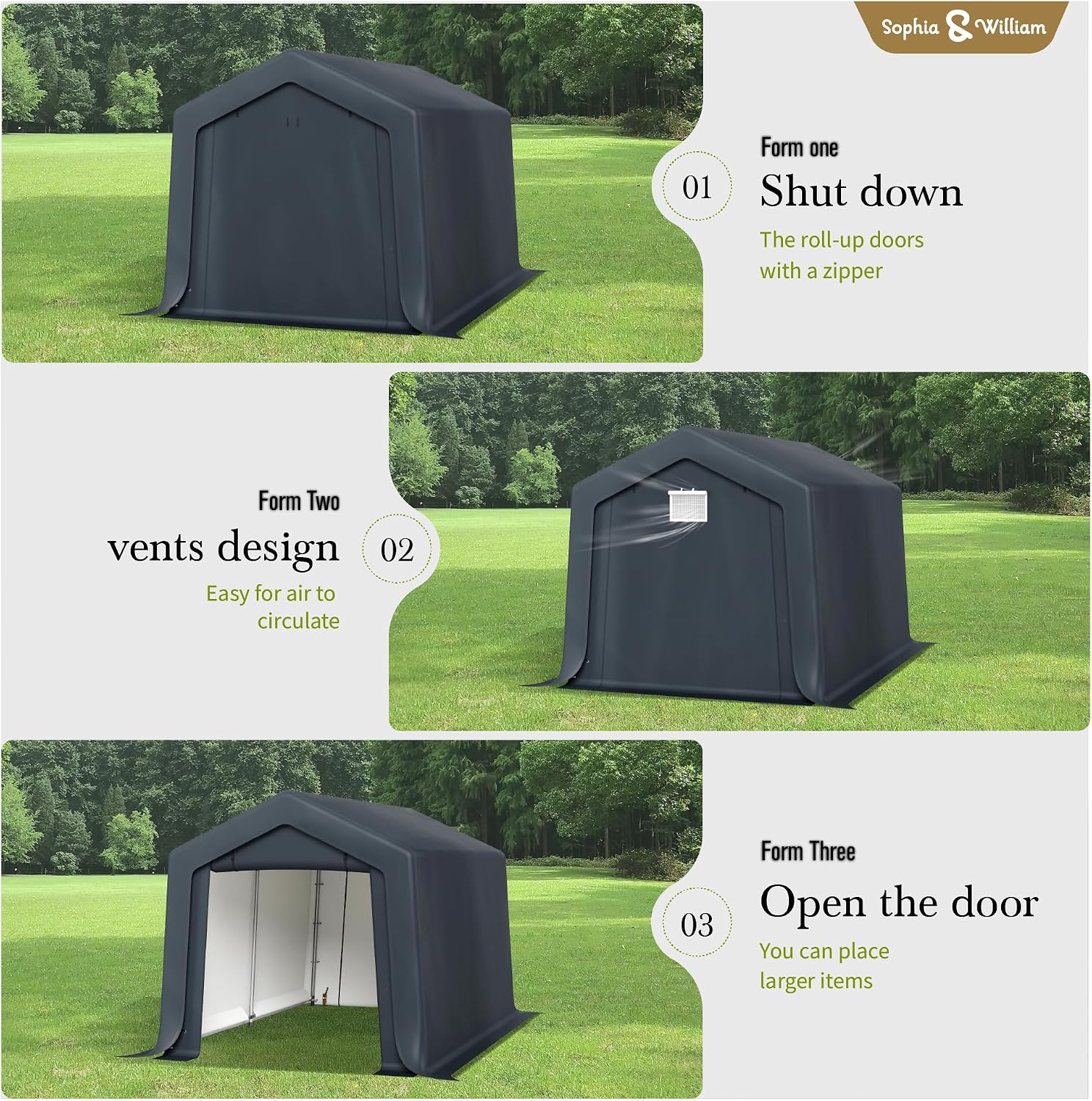 Sophia & William Outdoor Storage Shed,Carport 8x12 ft Heavy Duty, Portable Garden Yard Car Port Shelter Storage Tent Garage with Roll Up Doors and Ventilation, Grey