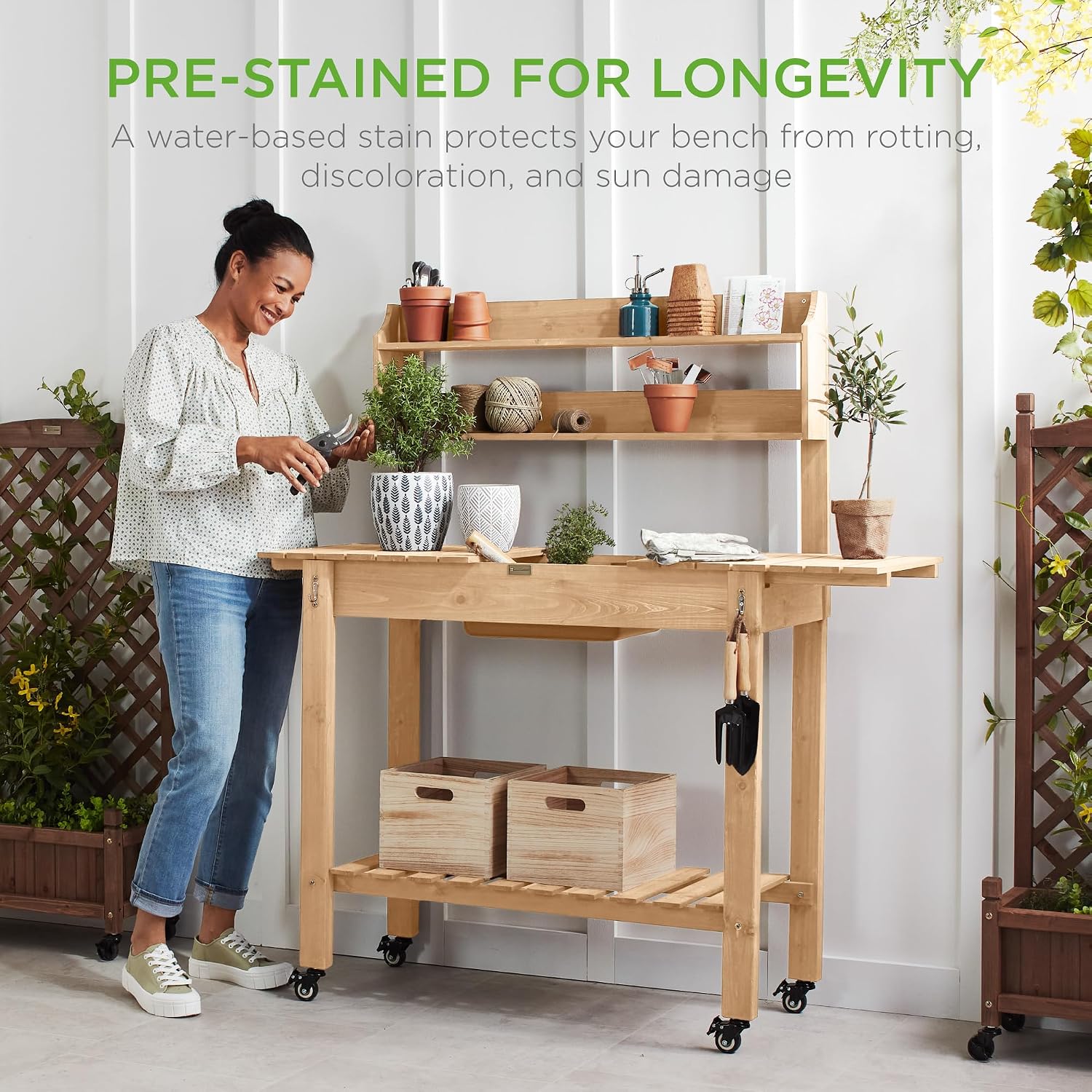 Best Choice Products Mobile Garden Potting Bench, Outdoor Wood Workstation Table w/Sliding Tabletop, 4 Locking Wheels, Food Grade Dry Sink, Storage Shelves- Natural